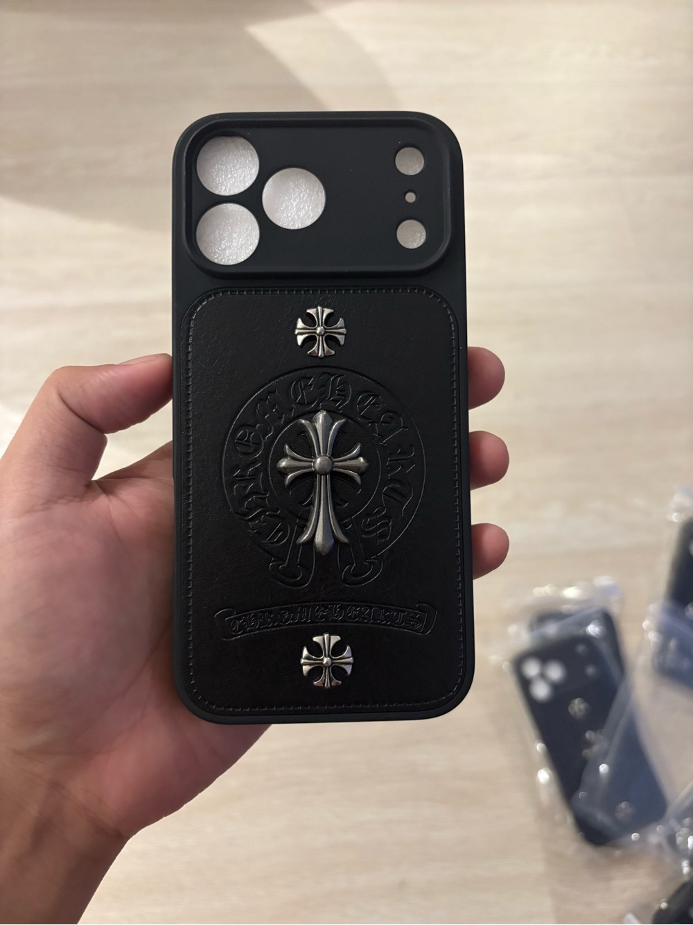 Premium Black Leather Cross Accent Phone Case - Stylish Protection